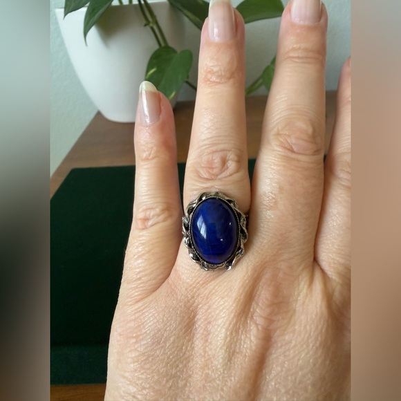 Gorgeous Vintage West Germany Blue Glass Cabochon Silver Tone Adjustable Ring - Picture 2 of 14